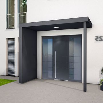 BS250PLUS (125mm projection) Aluminium Canopy with Post, Side Panel with Drainage, and LED light - 250x125cm - RAL7016 Anthracite Grey